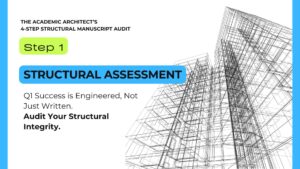 A professional architectural blueprint featuring a 3D wireframe skyscraper on the right. The left side displays the title "The Academic Architect’s 4-Step Structural Manuscript Audit" with a green "Step 1" badge and a blue bar for "Structural Assessment."